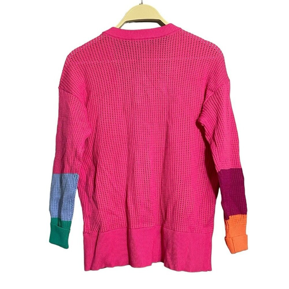 Apny Cardigan Sweater Women Size XS Pink Raspberry Waffle Mismatched Colorful - Picture 2 of 12